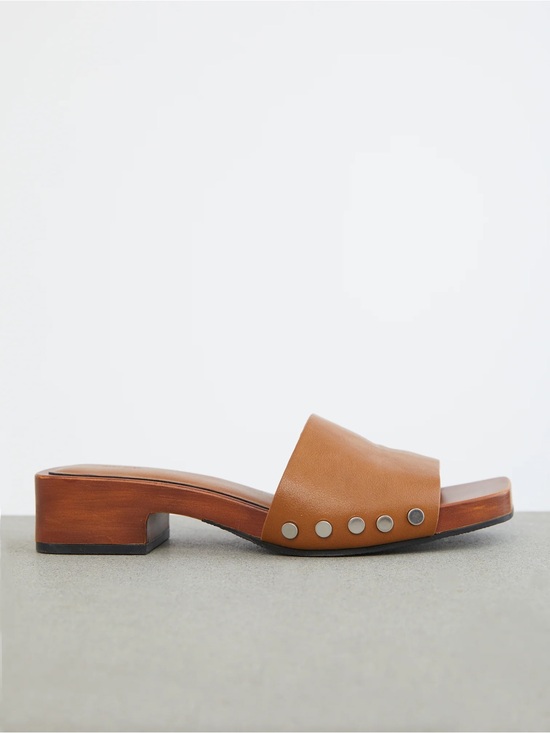OAK + FORT Shoes - OAK + FORT (6) Square Toe Clog Wooden Mules Low Heel Metal Rivets Sandals Russet